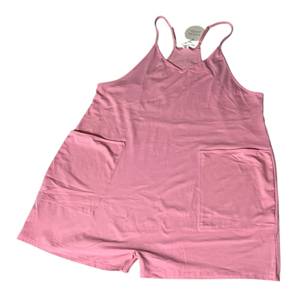 Dusty Pink Sleeveless Romper w/High Neckline & Relaxed Fit pit to put 22 inches